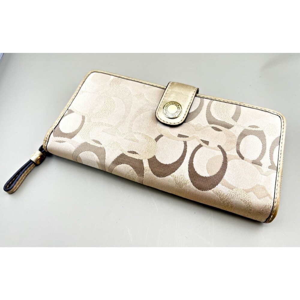 COACH Long Zip Around Wallet Signature Logo Canvas Leather Gold Beige Snap Fold